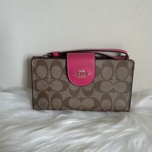 Coach Signature Canvas Wristlet Wallet Pink Leather Trim Gold Hardware C3336